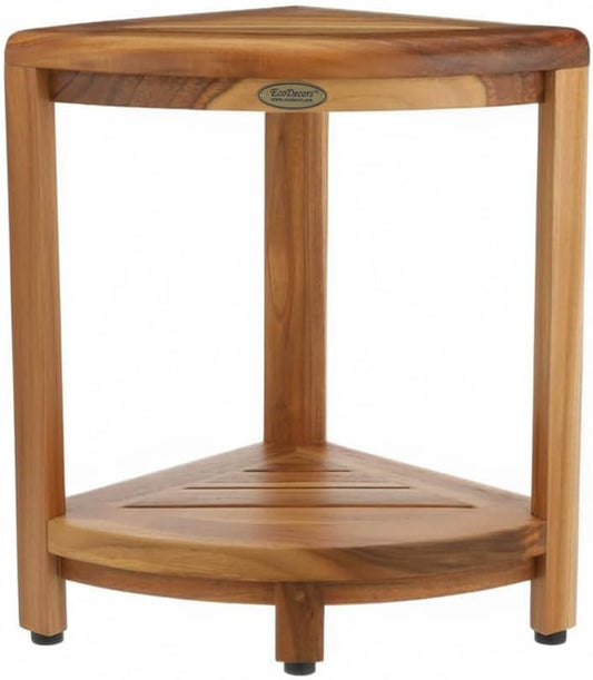 DecoTeak Teak Corner Shower Shelf – 2 Tier Waterproof Bathroom Storage Organizer Compact Wood Storage | Water-Resistant Design | Space Saver for Showers & Small Bathrooms | Shaving Foot Rest