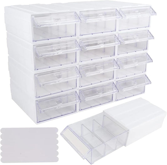 12 Pcs Drawer Stackable Storage Cabinet, White Plastic Organizer with Drawers & 36 Pcs Clear Dividers Organizer Rack & 48 Pcs Tag Card & 24 Pcs Non-slip Stickers for Home Office School