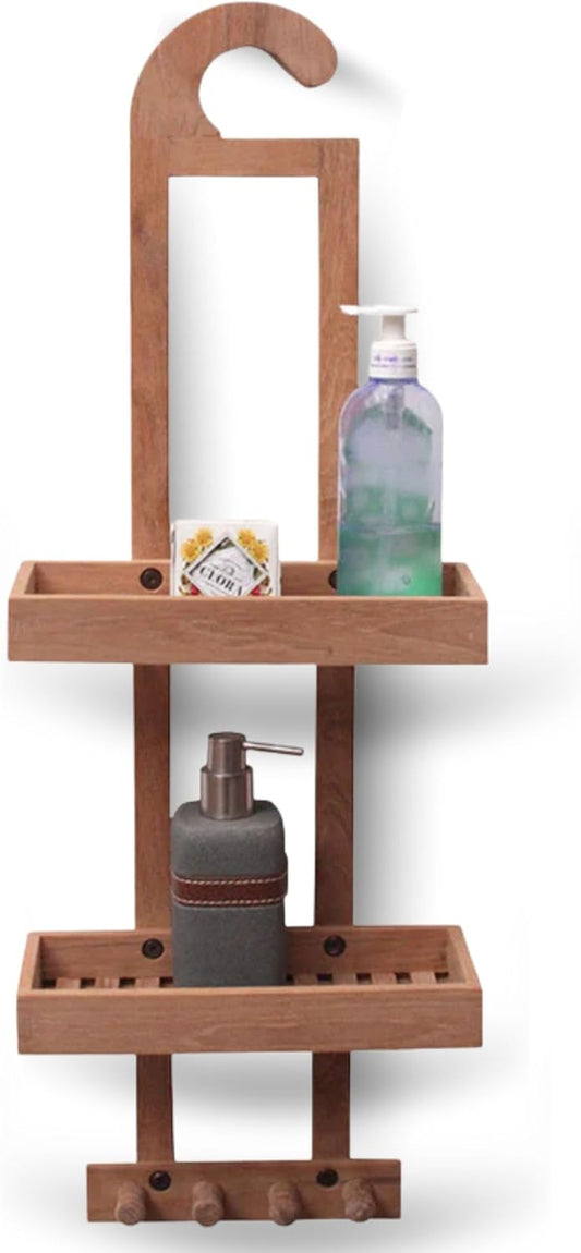 NORDIC STYLE TEAK Wood Natural Hanging Shower Caddy with Storage Shelves, Water Resistant, Easy to Place, Select-Grade Solid Teak Wood, Shower Accessory (Natural Langr)