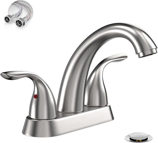 Phiestina Centerset 4 Inch Brushed Nickel 2 or 3 Holes Stainless Steel Bathroom Sink Faucet, 2 Handle Bathroom Faucet with Copper Pop Up Drain and Water Supply Lines, BF008-5-BN