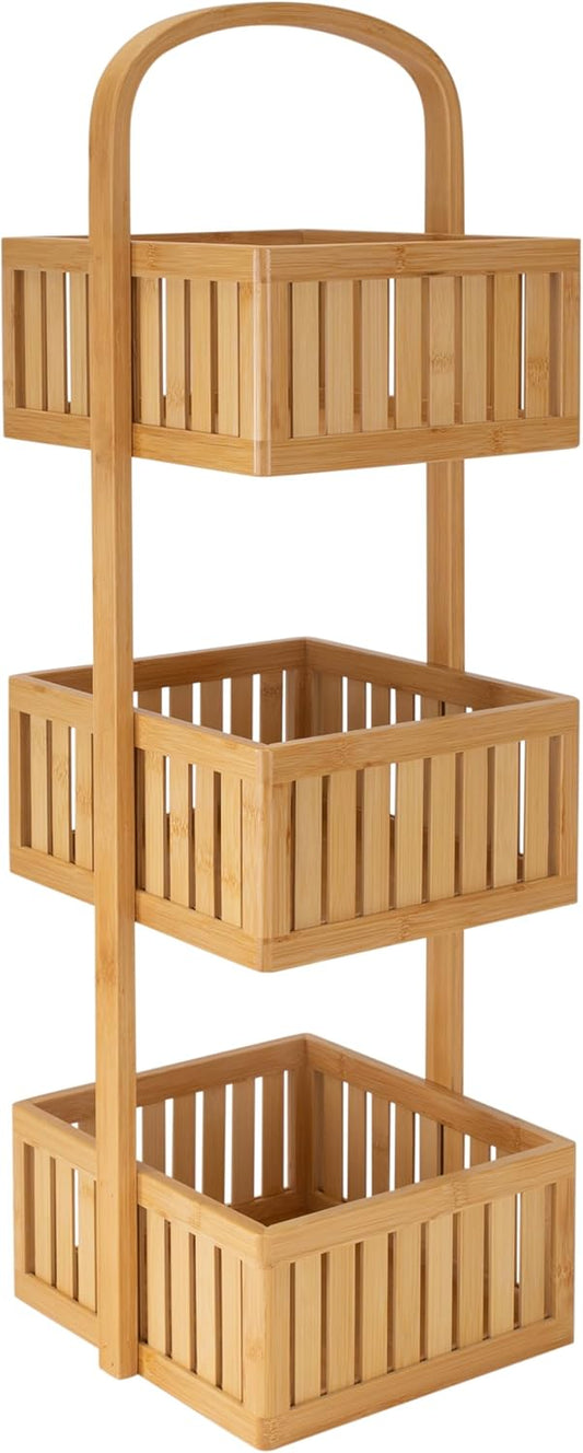 Organize It All 3 Tier Bamboo Stationary Caddy | Bathroom Organization | Multipurpose Storage Shelf Baskets | Eco-Friendly | Easy to Assemble