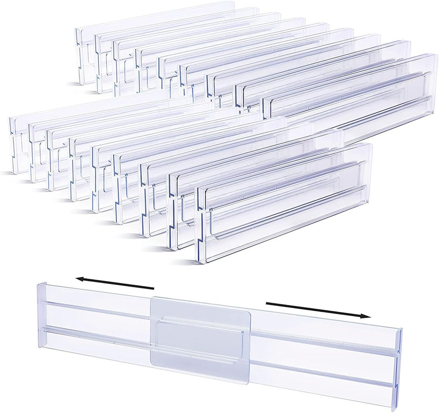 18 Pack Clear Acrylic Drawer Dividers 3.5" High,11-20" Adjustable Drawer Organizers for Clothes, Clear Plastic Separators for Dresser for Bedroom Office Kitchen Storage