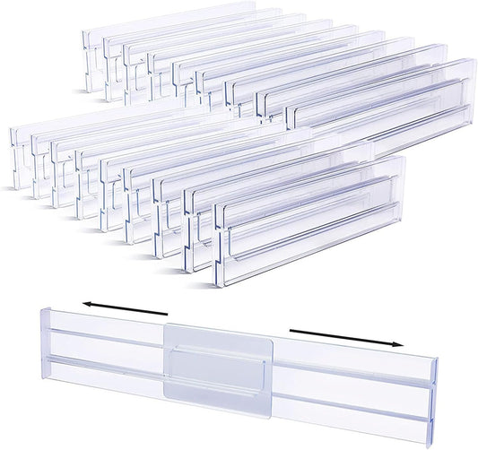 18 Pack Clear Acrylic Drawer Dividers 3.5" High,11-20" Adjustable Drawer Organizers for Clothes, Clear Plastic Separators for Dresser for Bedroom Office Kitchen Storage