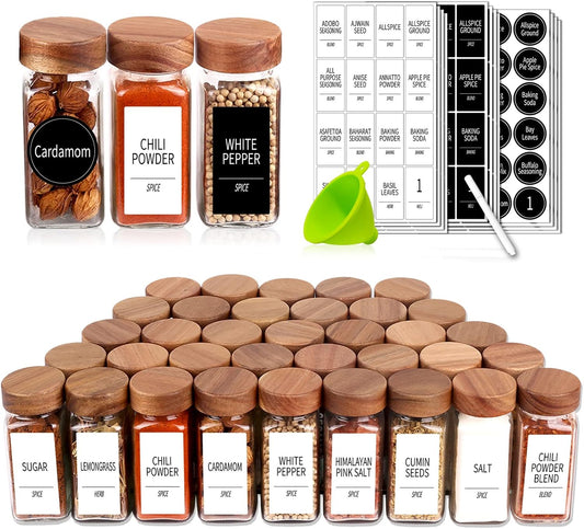 Churboro 36 Glass Spice Jars with 547 Labels with Shaker Lids - 4 Oz Square Spice Containers with Acacia Wood Lids, Chalk Pen, Funnel Seasoning Jars for Spice Rack, Cabinet, or Drawer