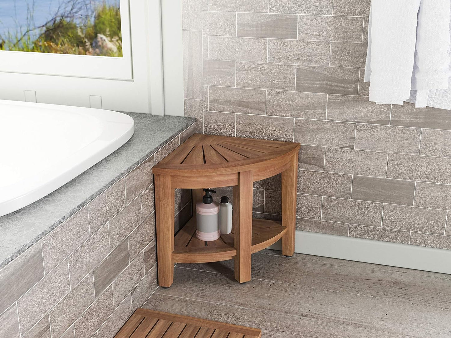 AquaTeak The Original 15.5" Kai Corner Teak Shower Bench with Shelf